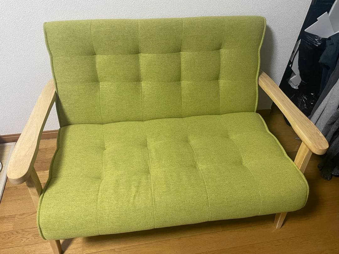 【値下げ交渉可！】 二人掛けソファ　天然木　　 本体ナチュラル木×座面グリーン