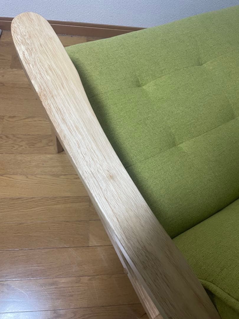 【値下げ交渉可！】 二人掛けソファ　天然木　　 本体ナチュラル木×座面グリーン