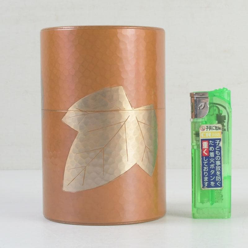 煎茶道具　鎚起銅器　玉川堂造　鋲打　葉文　茶筒　共箱　C　9428
