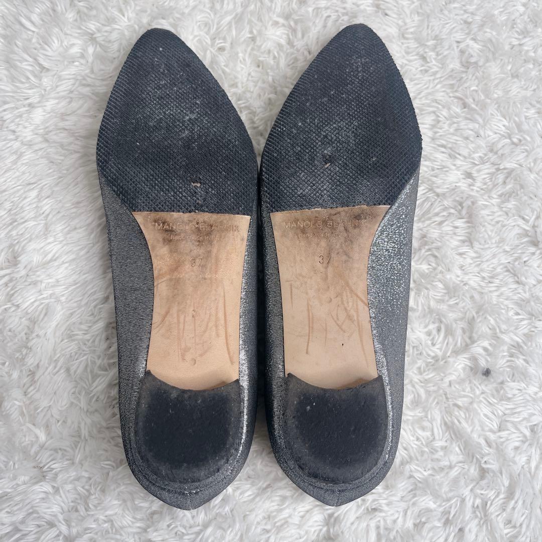 良品 マノロブラニク ハンギシ シルバー フラット パンプス ラメ 保存袋 37