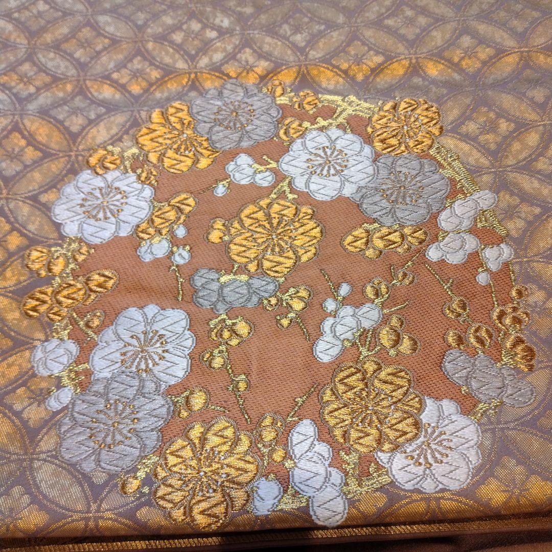 t*o様 手織り　河合美術織物袋帯　六通　菊　蒔絵七宝　手織証紙西陣ラベル