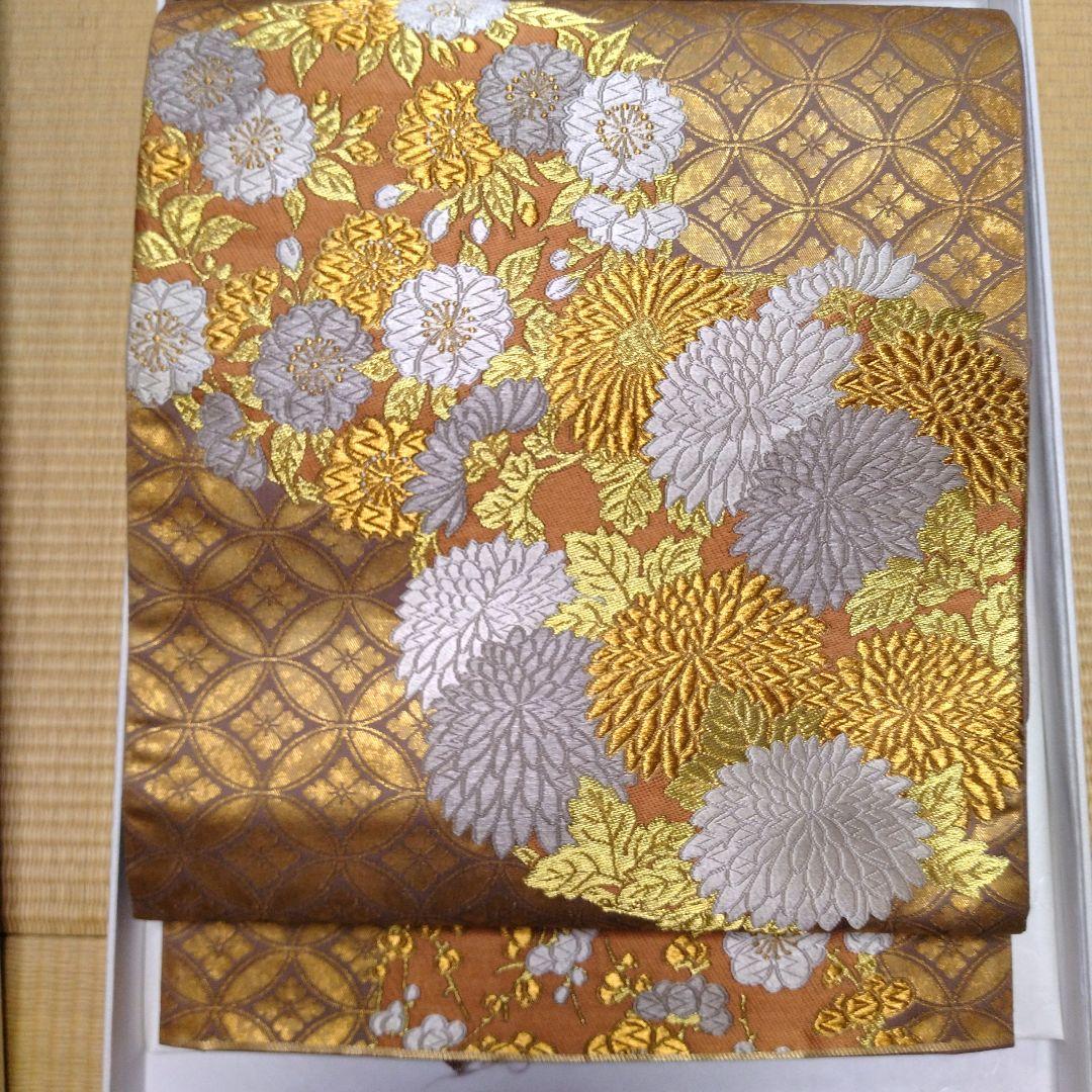 t*o様 手織り　河合美術織物袋帯　六通　菊　蒔絵七宝　手織証紙西陣ラベル