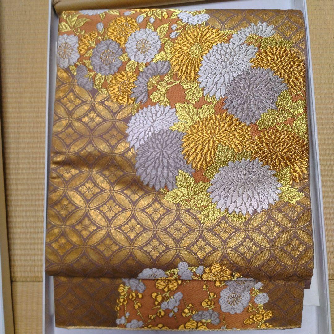 t*o様 手織り　河合美術織物袋帯　六通　菊　蒔絵七宝　手織証紙西陣ラベル