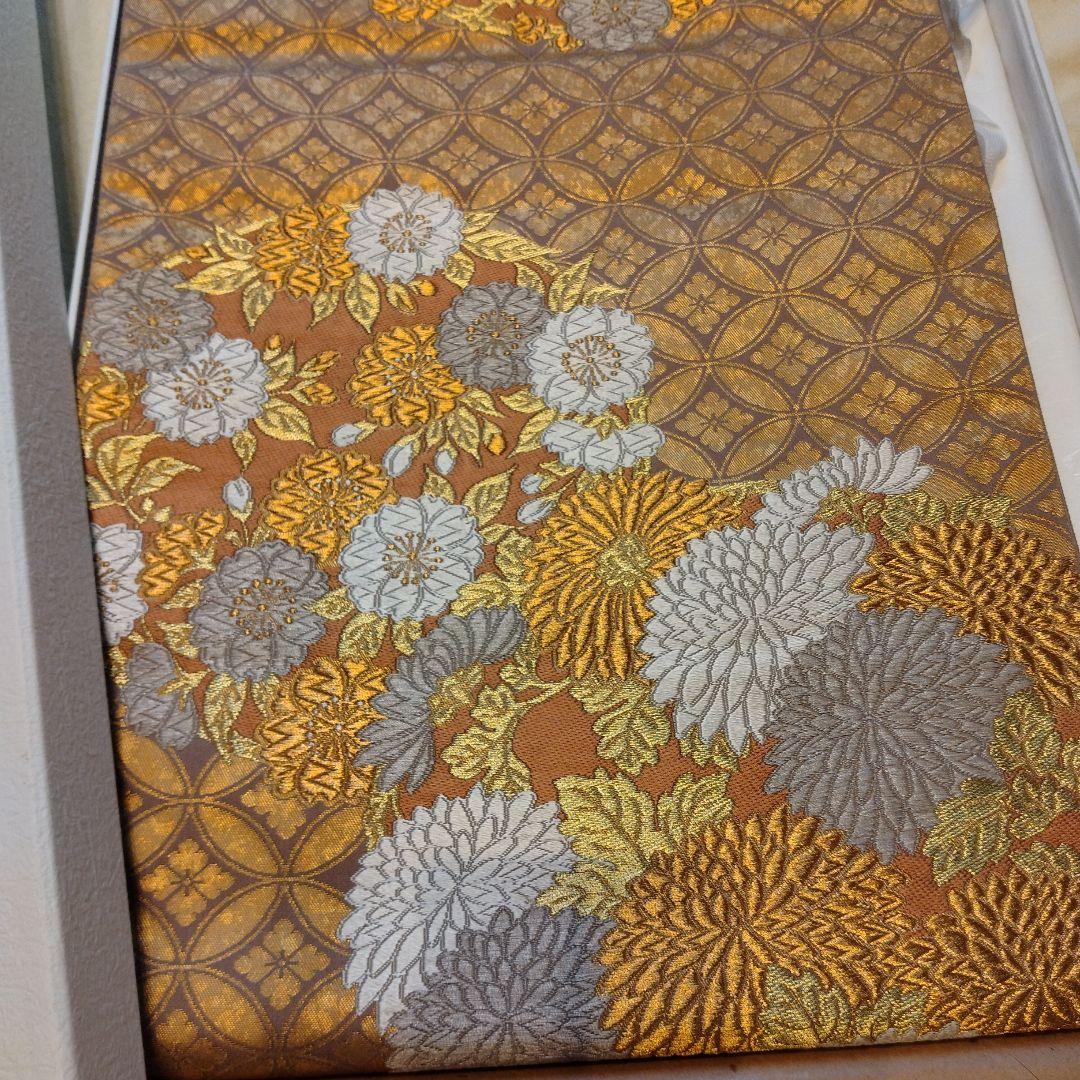 t*o様 手織り　河合美術織物袋帯　六通　菊　蒔絵七宝　手織証紙西陣ラベル