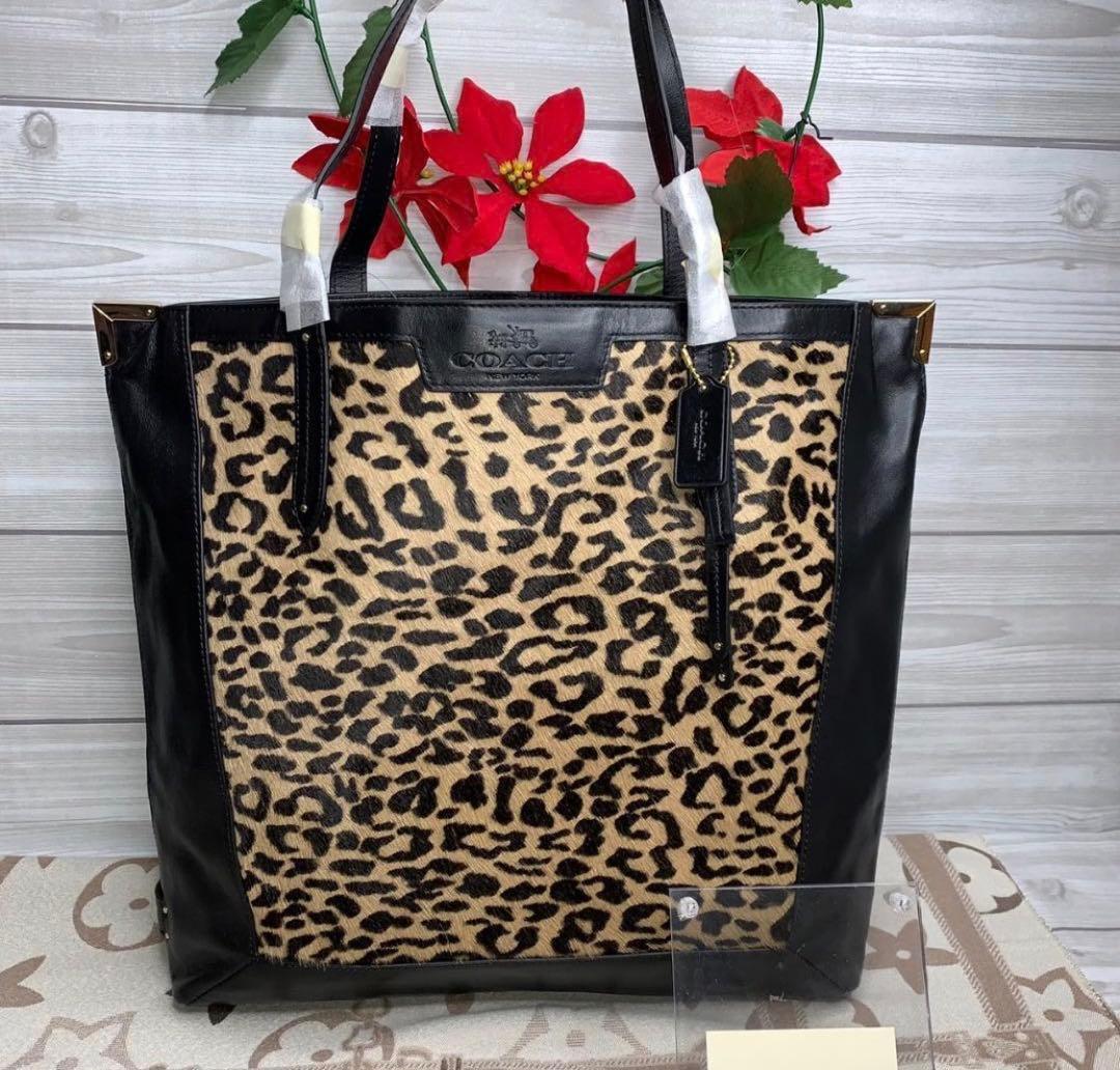 福岡COACH購入.最高級レオパード本革トートバッグ，ハンドバッグ99360円