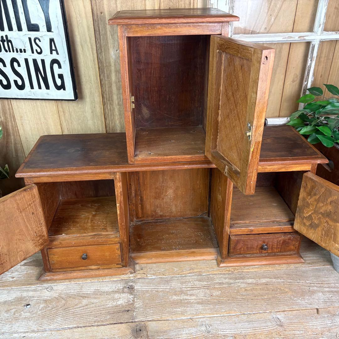 インドネシアアンティークビンテージチーク材階段型キャビネット飾り棚ディスプレイ台