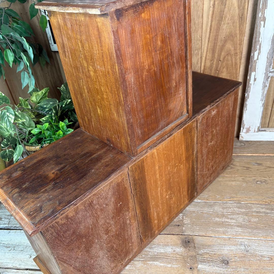 インドネシアアンティークビンテージチーク材階段型キャビネット飾り棚ディスプレイ台