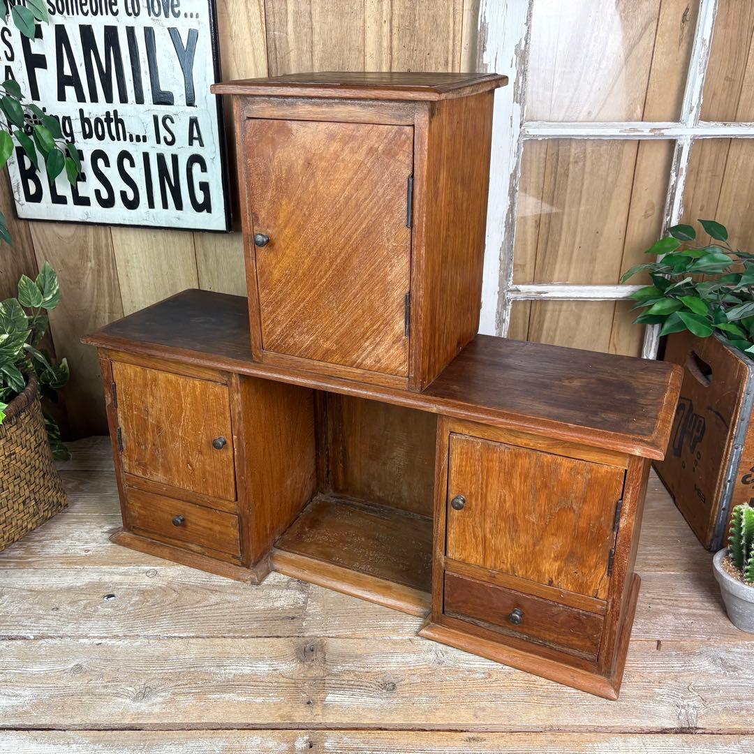 インドネシアアンティークビンテージチーク材階段型キャビネット飾り棚ディスプレイ台