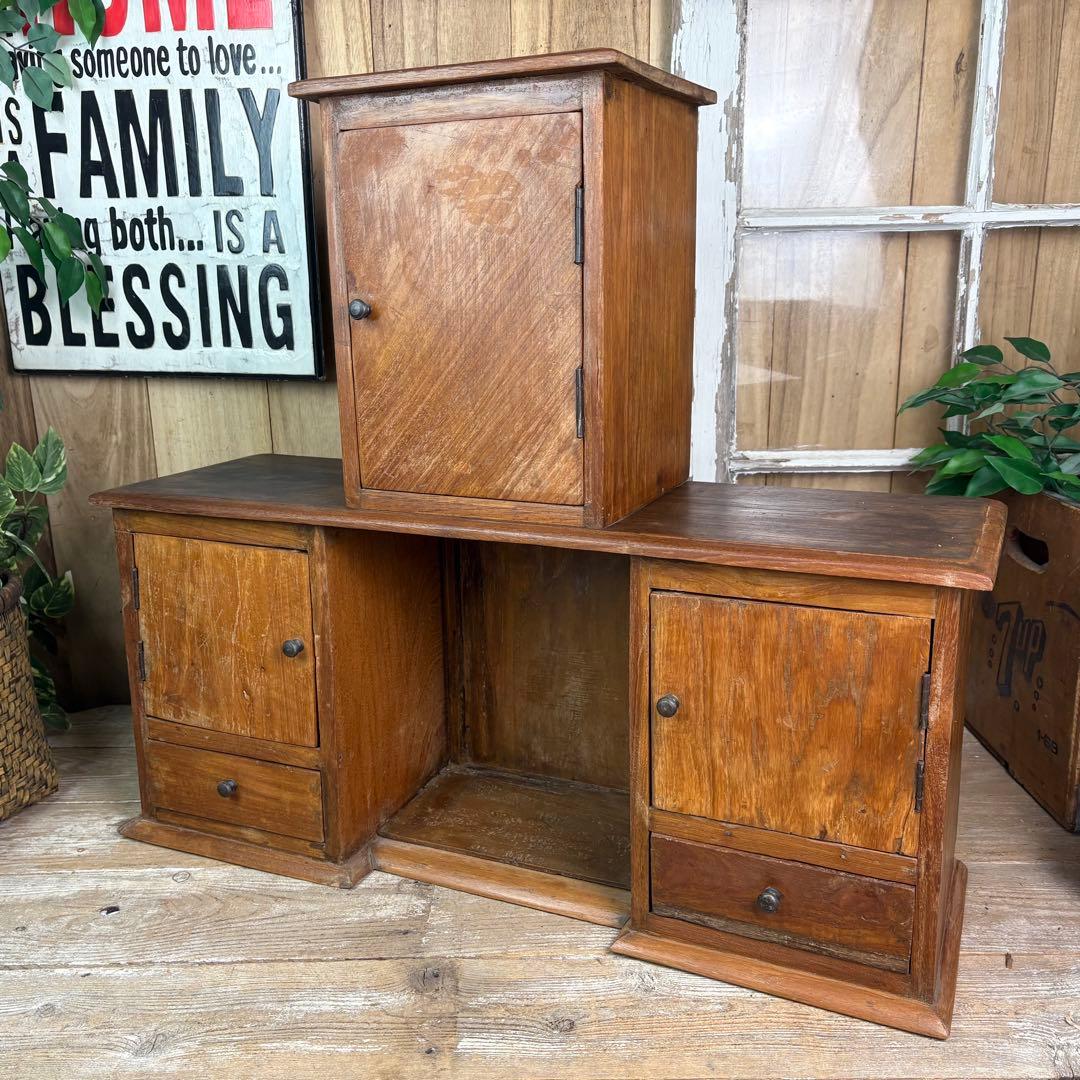 インドネシアアンティークビンテージチーク材階段型キャビネット飾り棚ディスプレイ台