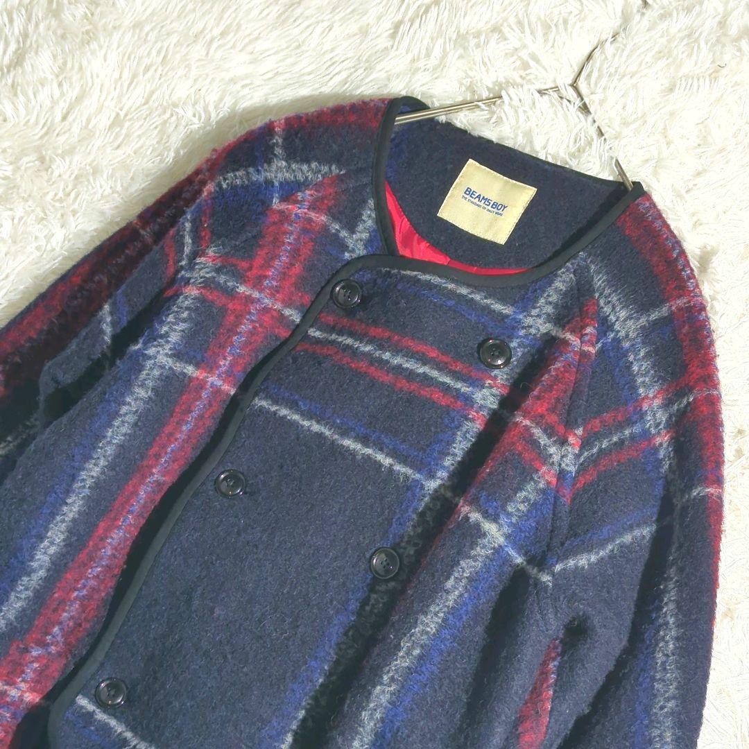 BEAMSBOY スライバー タータンチェック ノーカラー ロングコート ダブル