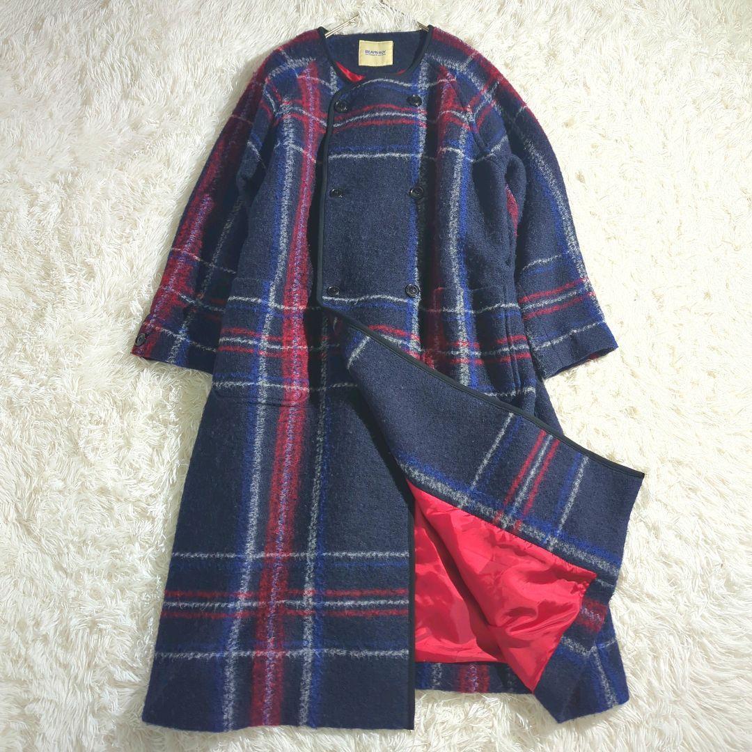 BEAMSBOY スライバー タータンチェック ノーカラー ロングコート ダブル