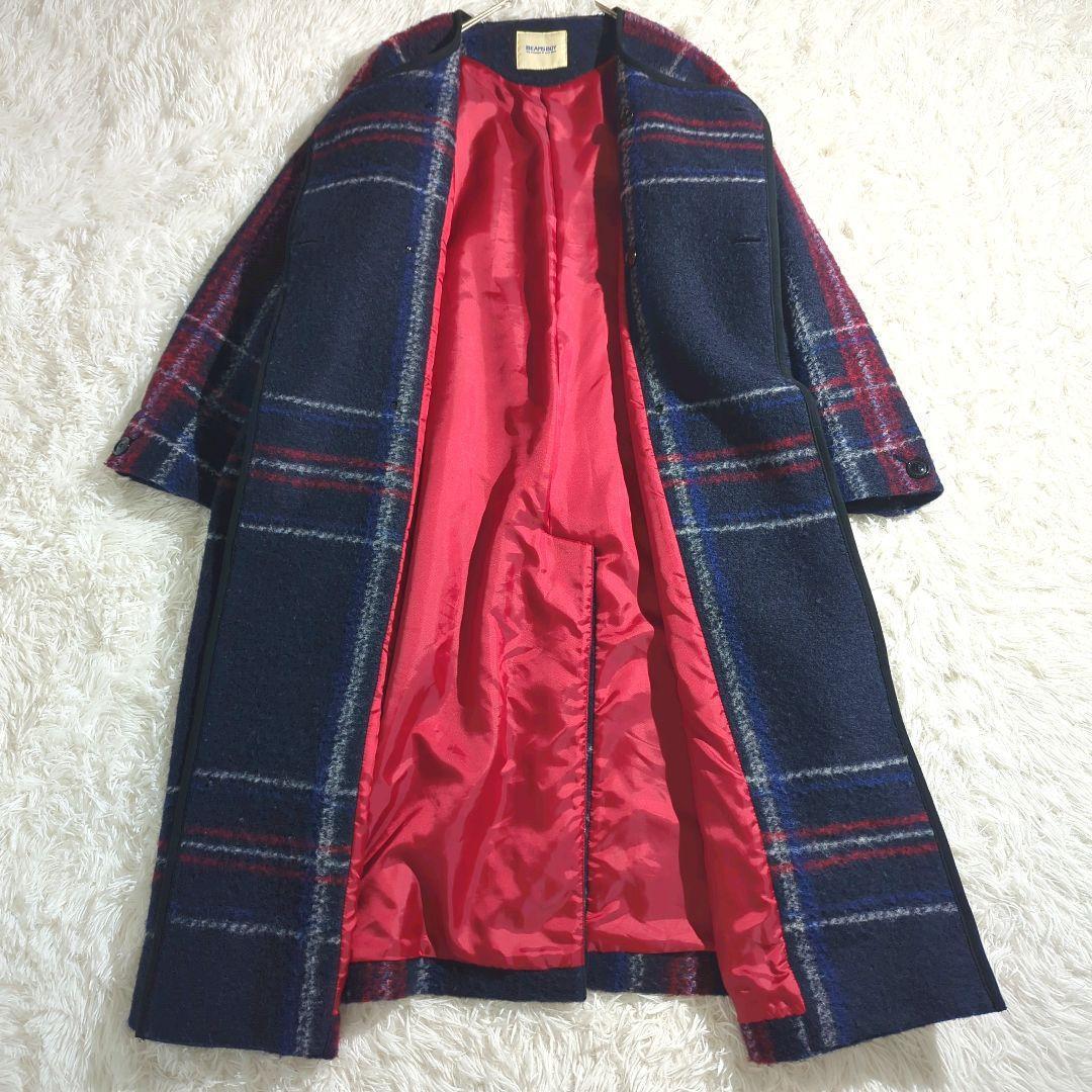 BEAMSBOY スライバー タータンチェック ノーカラー ロングコート ダブル