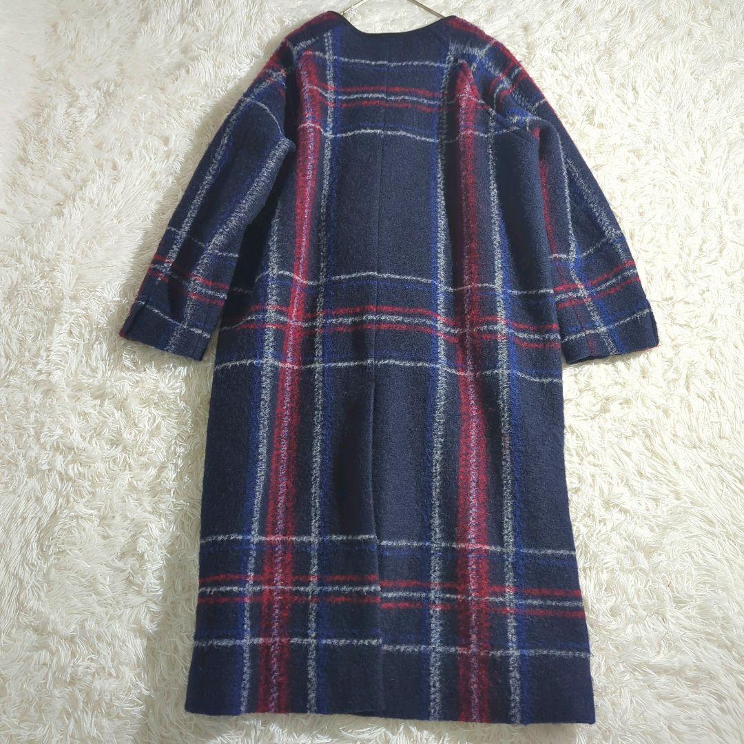 BEAMSBOY スライバー タータンチェック ノーカラー ロングコート ダブル
