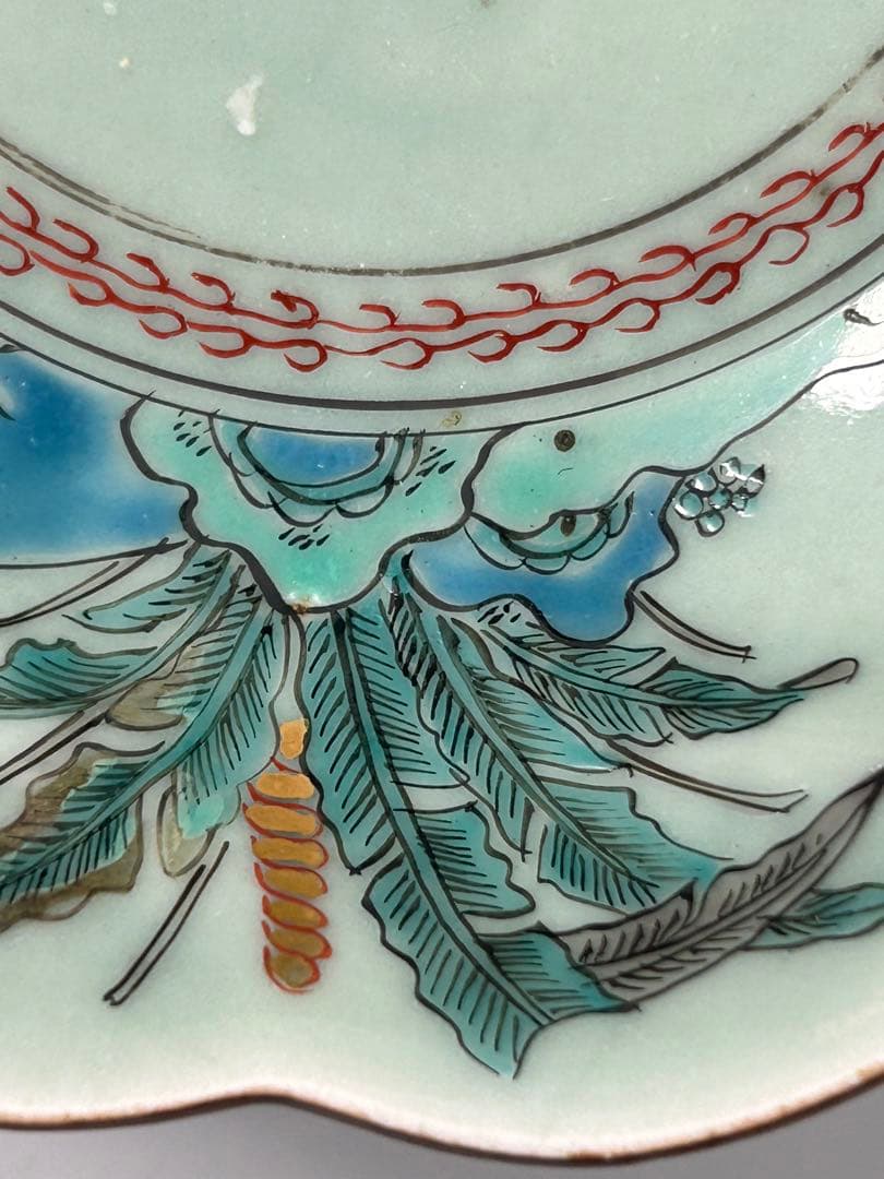 古伊万里　江戸青磁　柿右衛門手　青磁五弁花梅文様膾皿　五点　なます皿　菊　岩赤絵