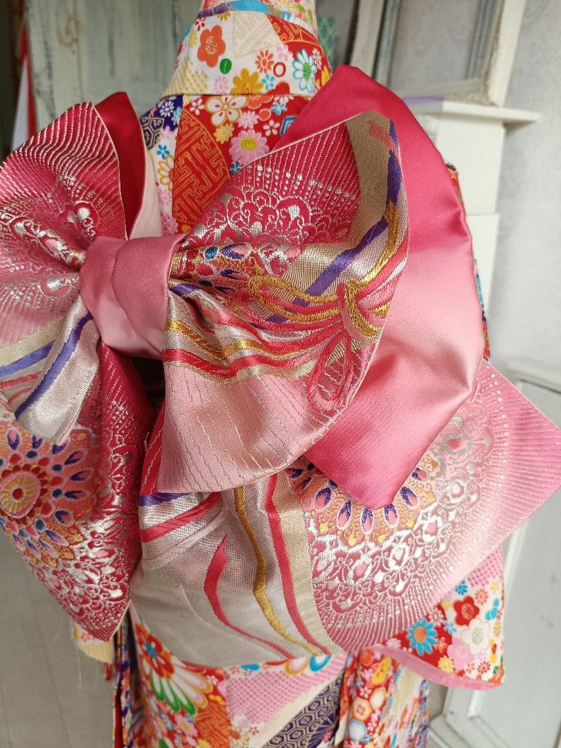 赤ピンクに華紋が可愛い作り帯☆子供、ジュニア、七五三