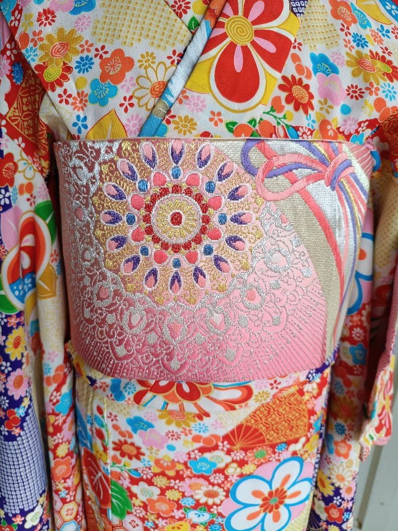 赤ピンクに華紋が可愛い作り帯☆子供、ジュニア、七五三