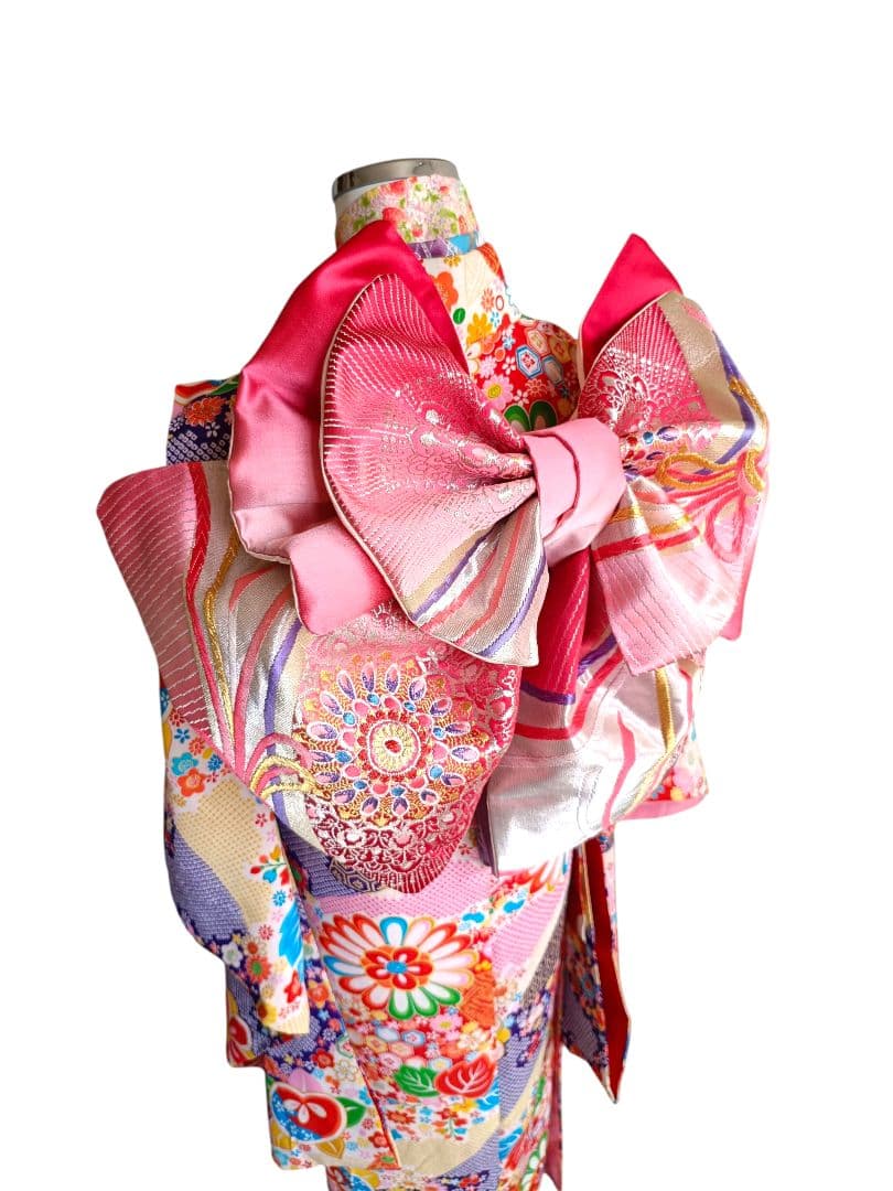 赤ピンクに華紋が可愛い作り帯☆子供、ジュニア、七五三