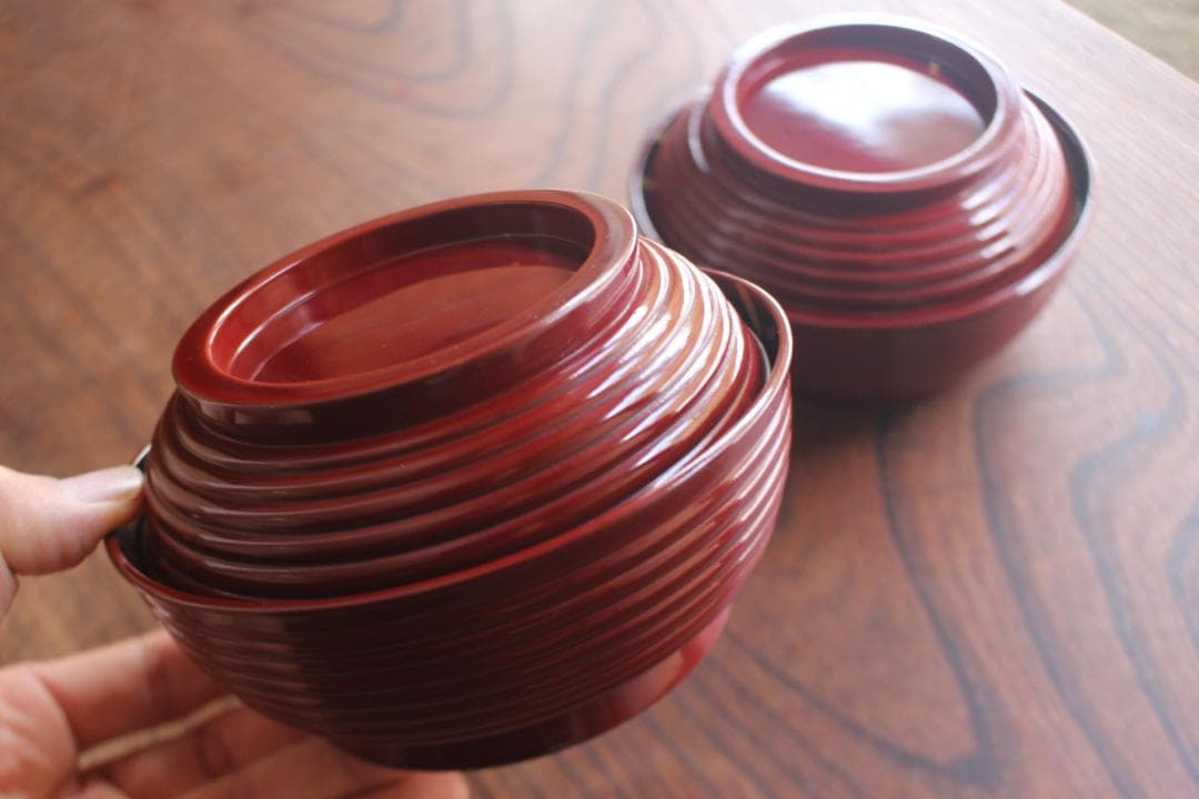 デッドストック！深みある糸目紅溜塗に極上稲穂福来雀蒔絵のお椀2点（検輪島塗雑煮椀