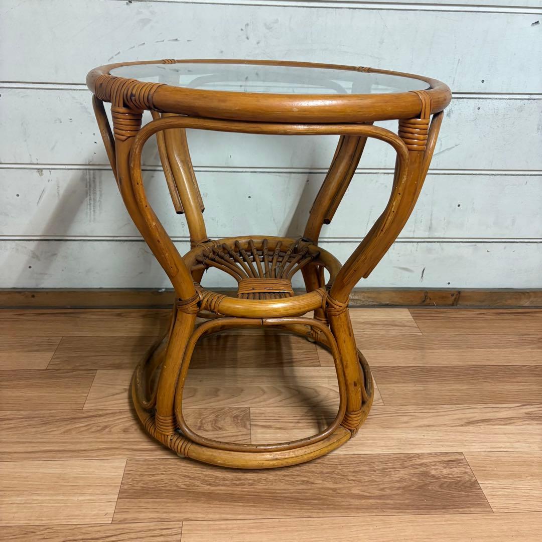 ガラステーブル　ラタン　昭和レトロ