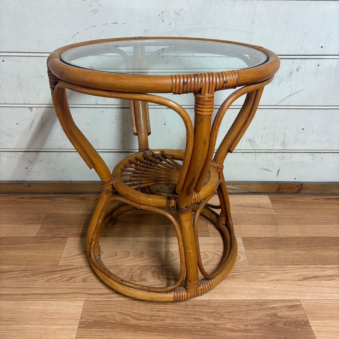 ガラステーブル　ラタン　昭和レトロ