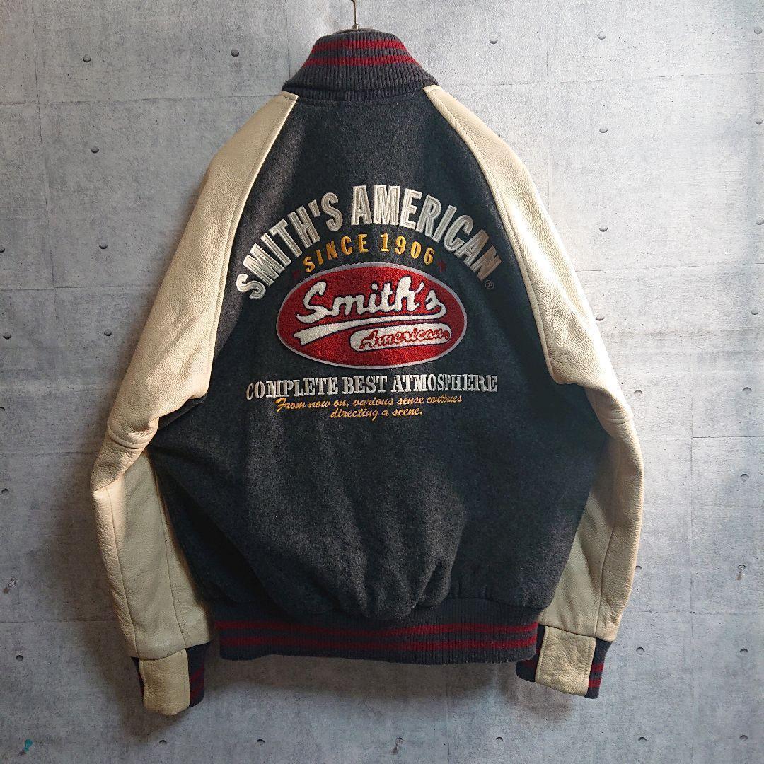 スミスアメリカン★パイルロゴ アームレザー スタジャン 灰 ベージュ L相当