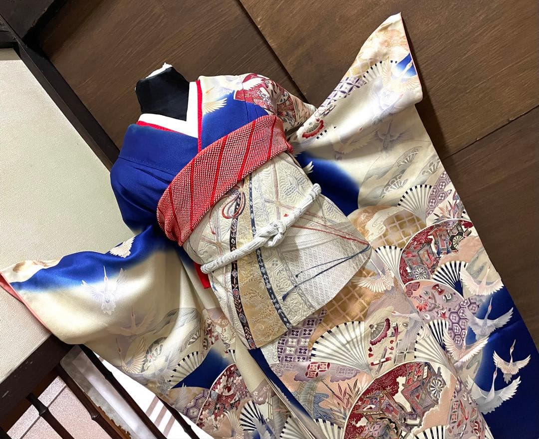 振袖フルセット6点サイズS〜M 駒刺繍　御所車飛鶴花文　暈し染め　金彩　正絹