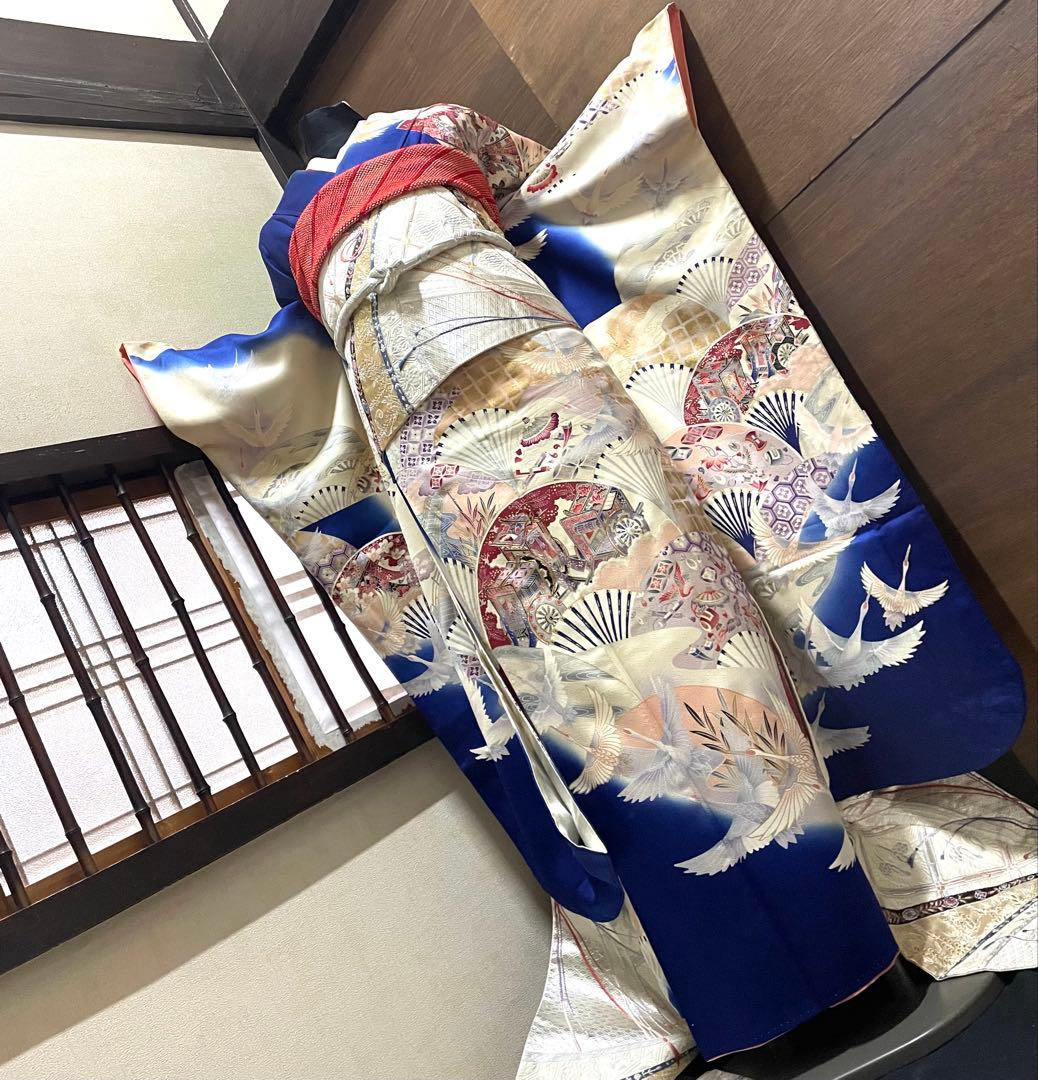 振袖フルセット6点サイズS〜M 駒刺繍　御所車飛鶴花文　暈し染め　金彩　正絹