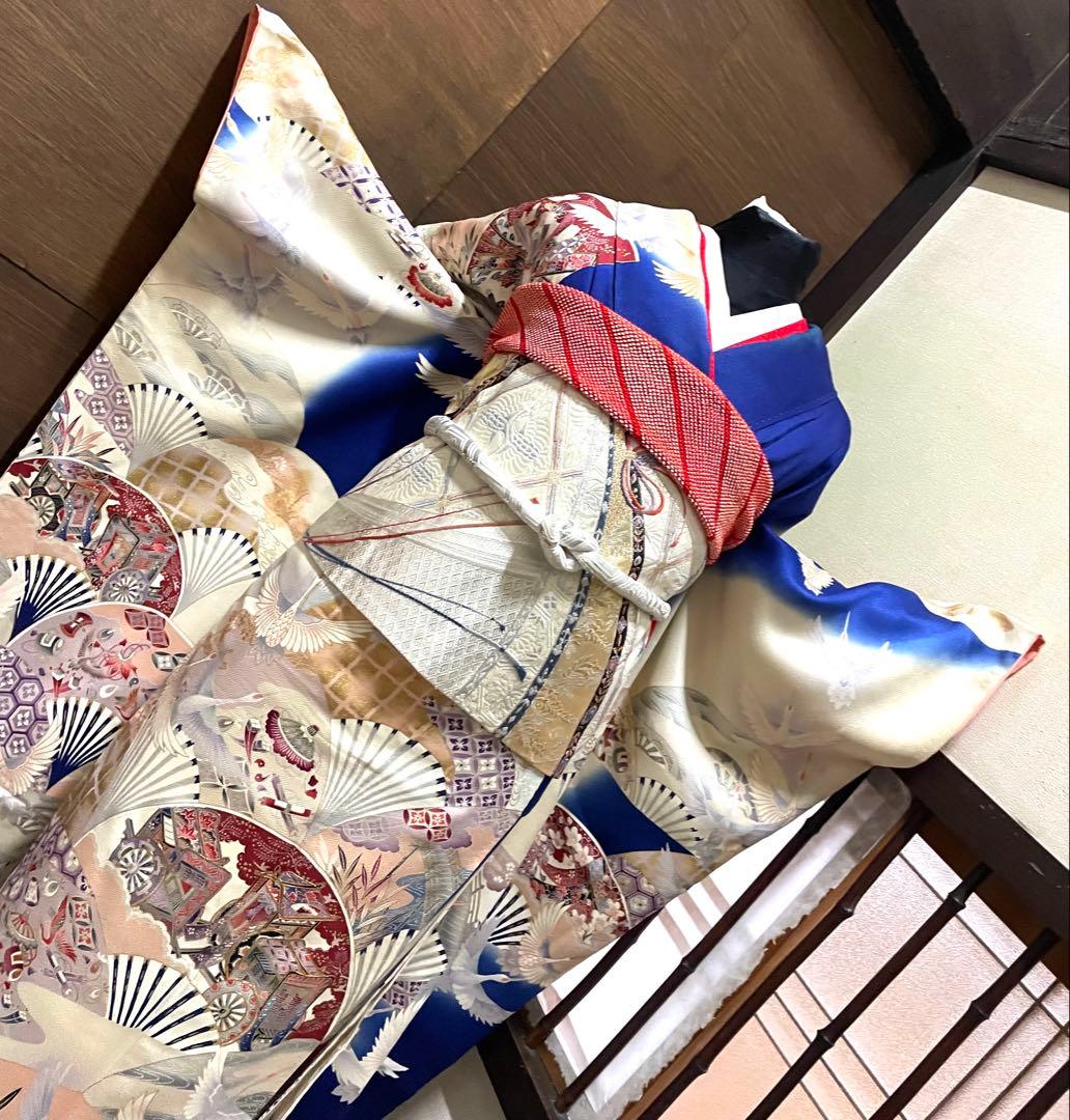 振袖フルセット6点サイズS〜M 駒刺繍　御所車飛鶴花文　暈し染め　金彩　正絹