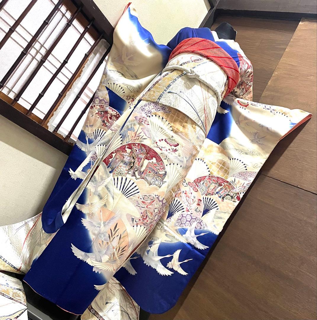 振袖フルセット6点サイズS〜M 駒刺繍　御所車飛鶴花文　暈し染め　金彩　正絹