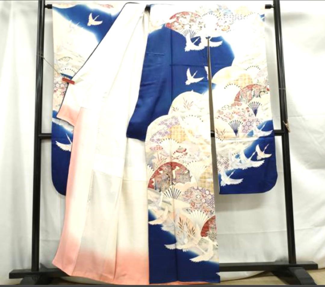 振袖フルセット6点サイズS〜M 駒刺繍　御所車飛鶴花文　暈し染め　金彩　正絹