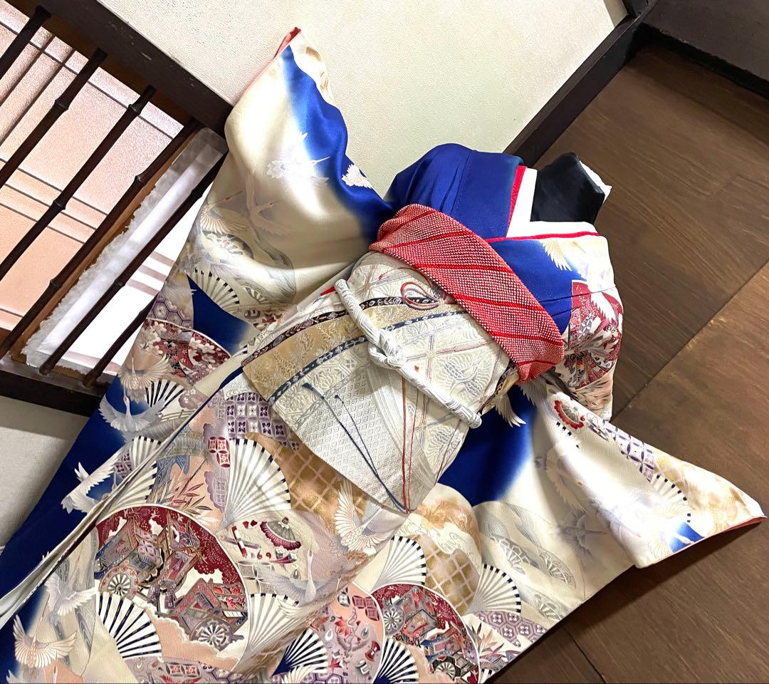 振袖フルセット6点サイズS〜M 駒刺繍　御所車飛鶴花文　暈し染め　金彩　正絹