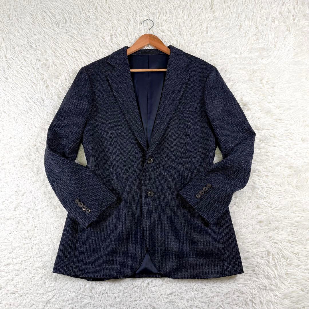 バーバリーロンドン テーラードジャケット カシミヤ混 ヘリンボーン 2B 紺色