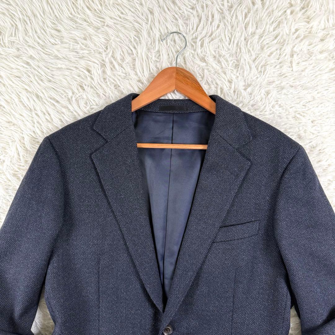バーバリーロンドン テーラードジャケット カシミヤ混 ヘリンボーン 2B 紺色