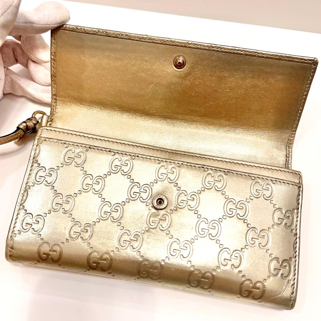 グッチ 長財布 シマ マイクロGG インターロッキング レザー 大容量 ゴールド