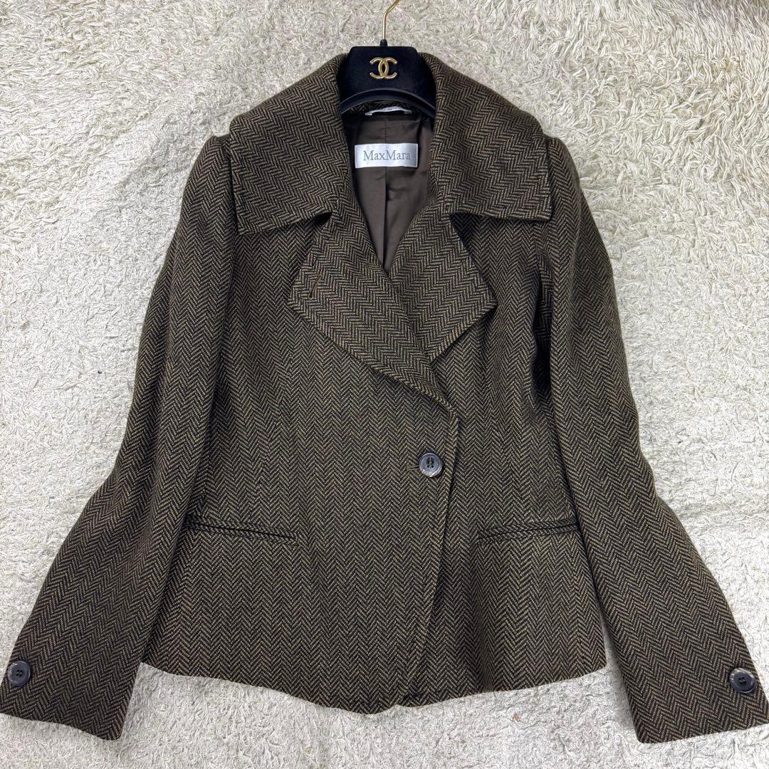 最高級★マックスマーラ コート ツイード ヘリンボーン ベルト カシミヤ 42