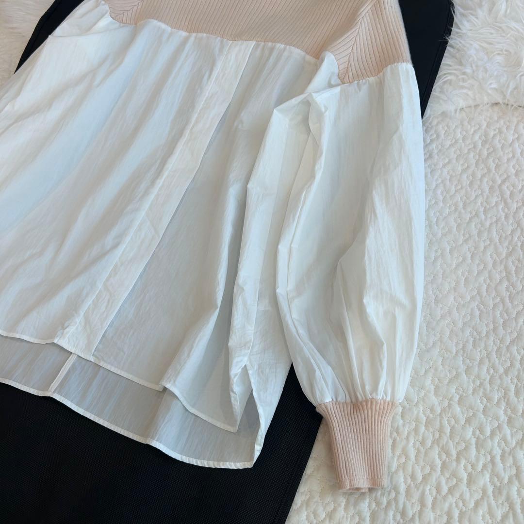 ビアズリー♡リブニットコンビシャツ　異素材　ベージュ×ホワイト　完売色