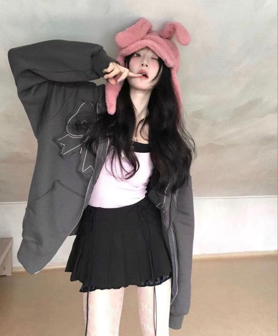 Youhee リボン刺繍ジップアップパーカー