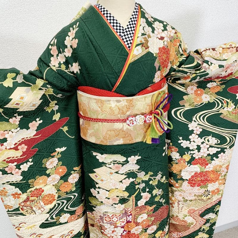 602z26.403u1.404y3.小物.半衿.311x11☆振袖 緑 古典柄