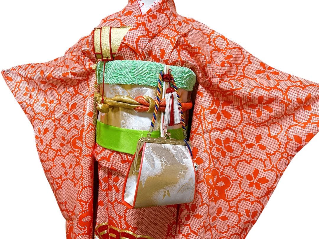 お買い得品♡七五三　7歳　女の子　フルセット　一式　鹿の子柄　朱色　オレンジ