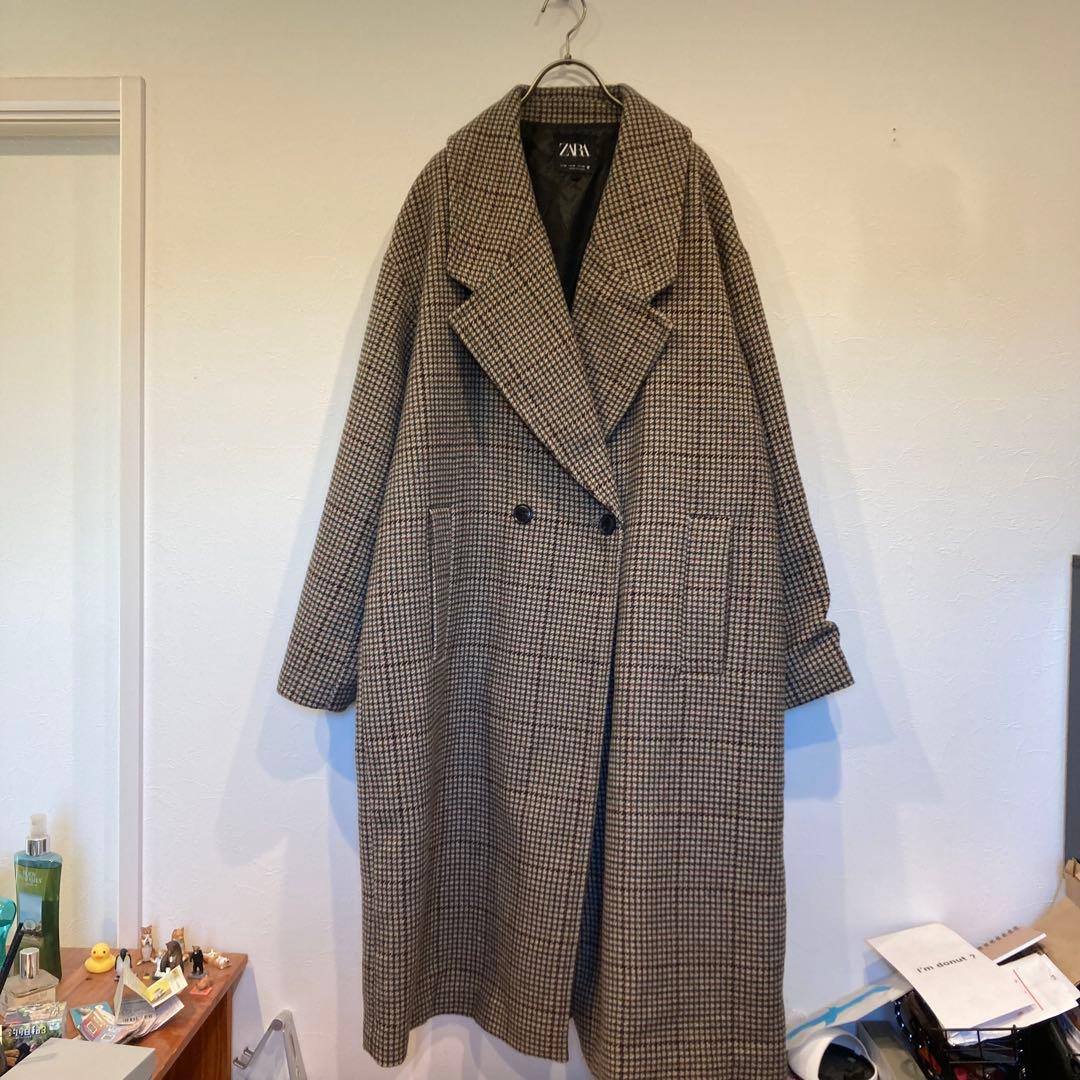 【ZARA】完売品 チェックチェスターコート ベージュ ブラウン オーバーサイズ