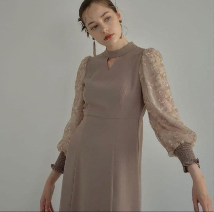 ANDRESD アンドレスド スリーブエンブロイダリードレス ベージュS