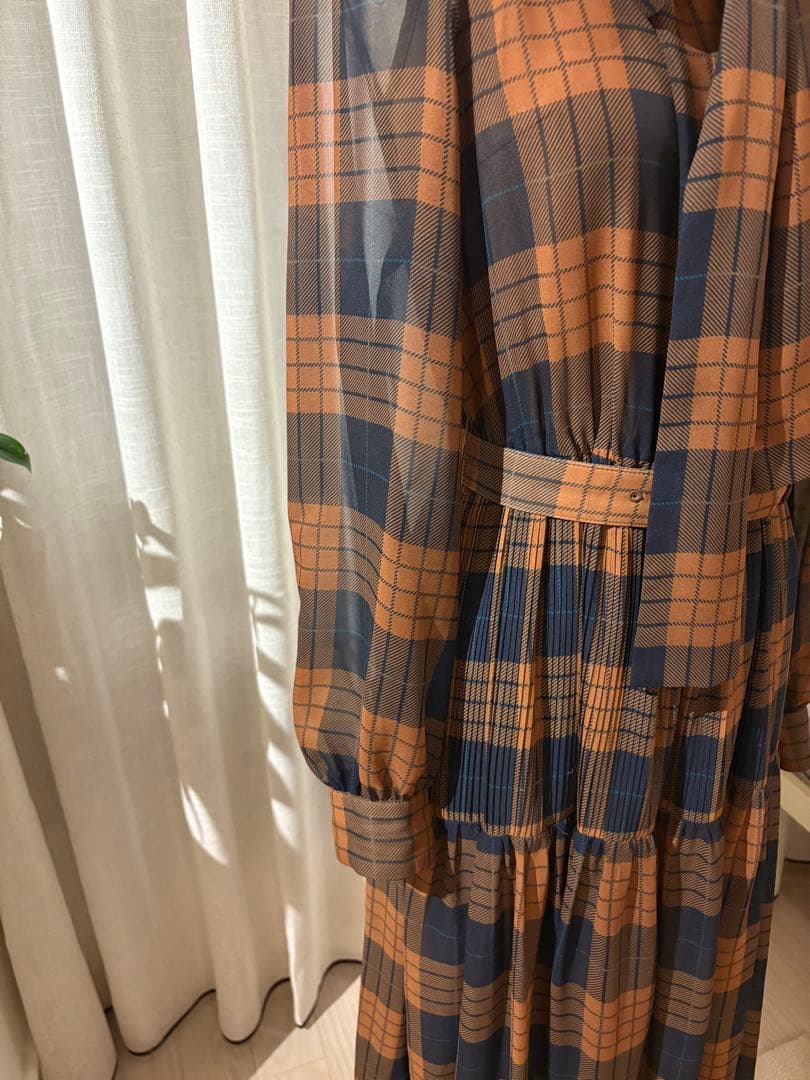 Diagram チェック柄リボン付きロングドレス