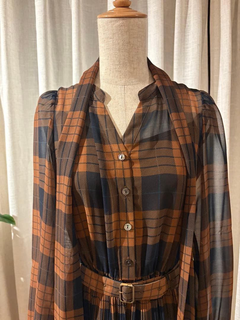 Diagram チェック柄リボン付きロングドレス