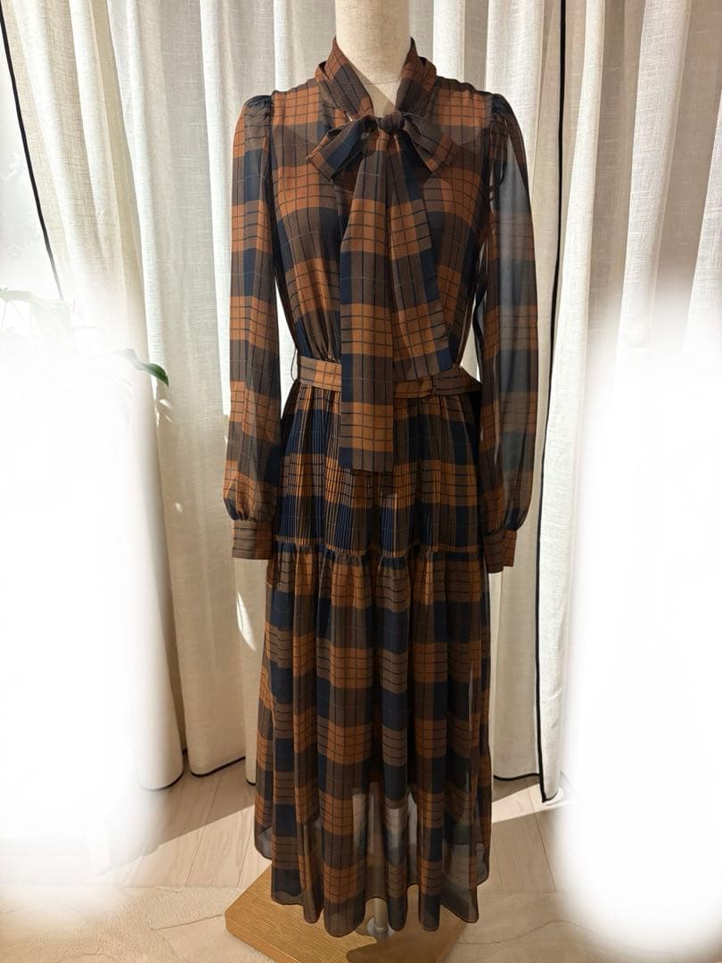 Diagram チェック柄リボン付きロングドレス