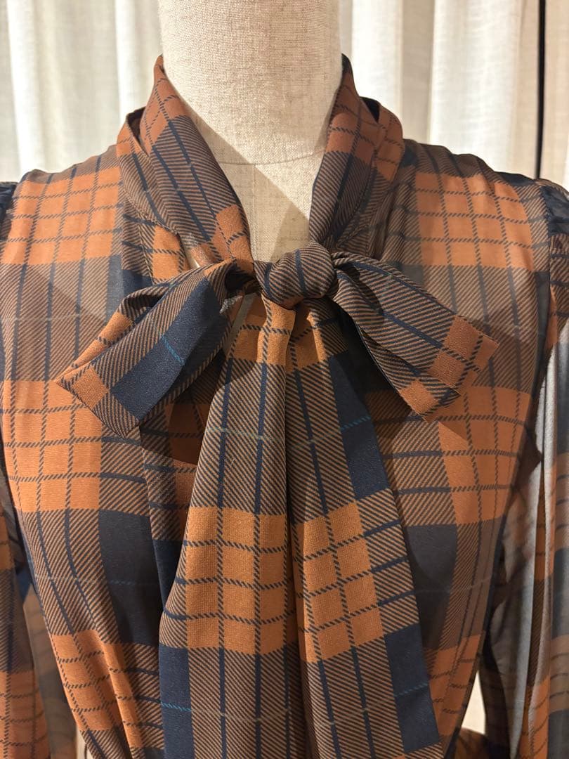 Diagram チェック柄リボン付きロングドレス