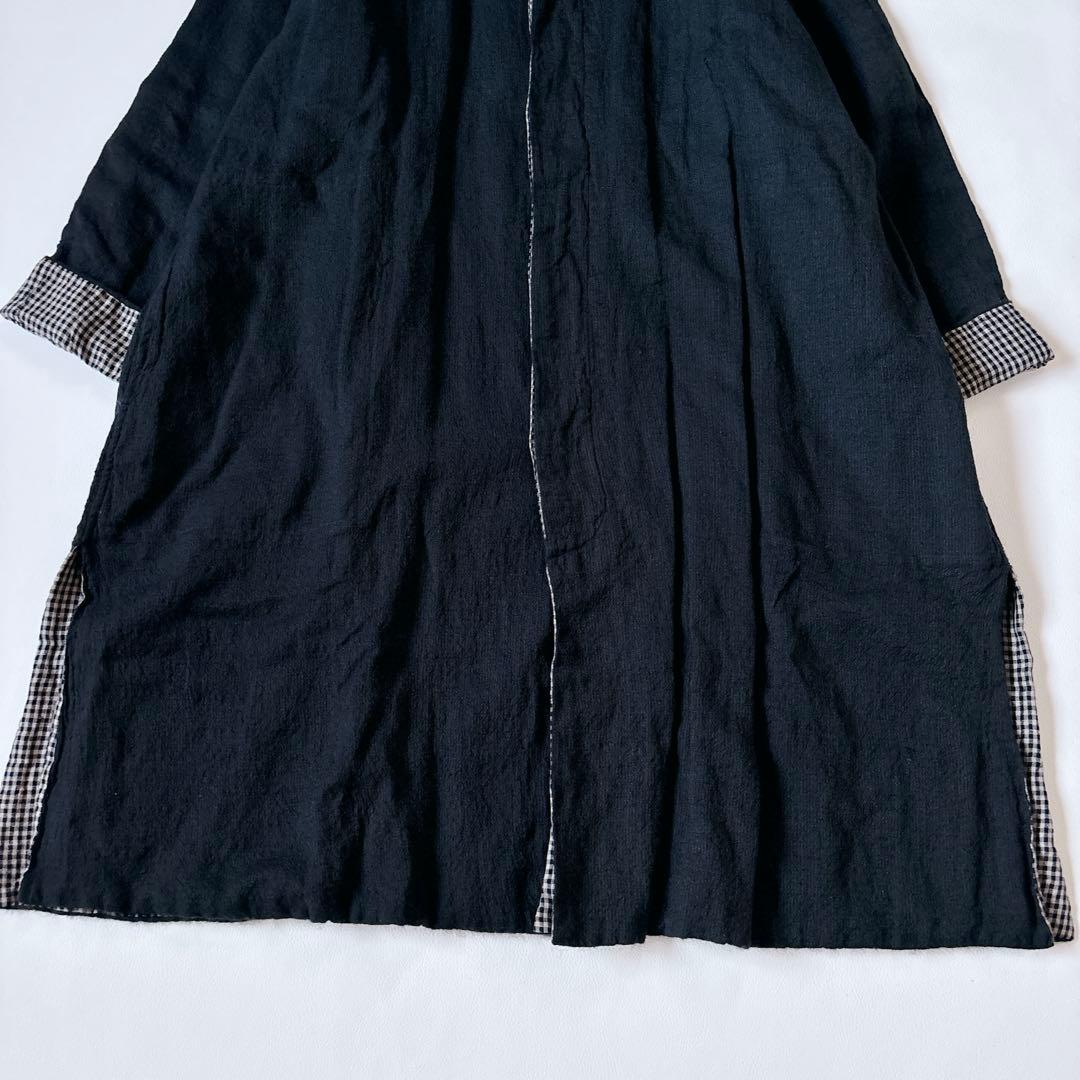 可愛い♡ババグーリ ノーカラーコート ギンガムチェック リネン混 Aライン M