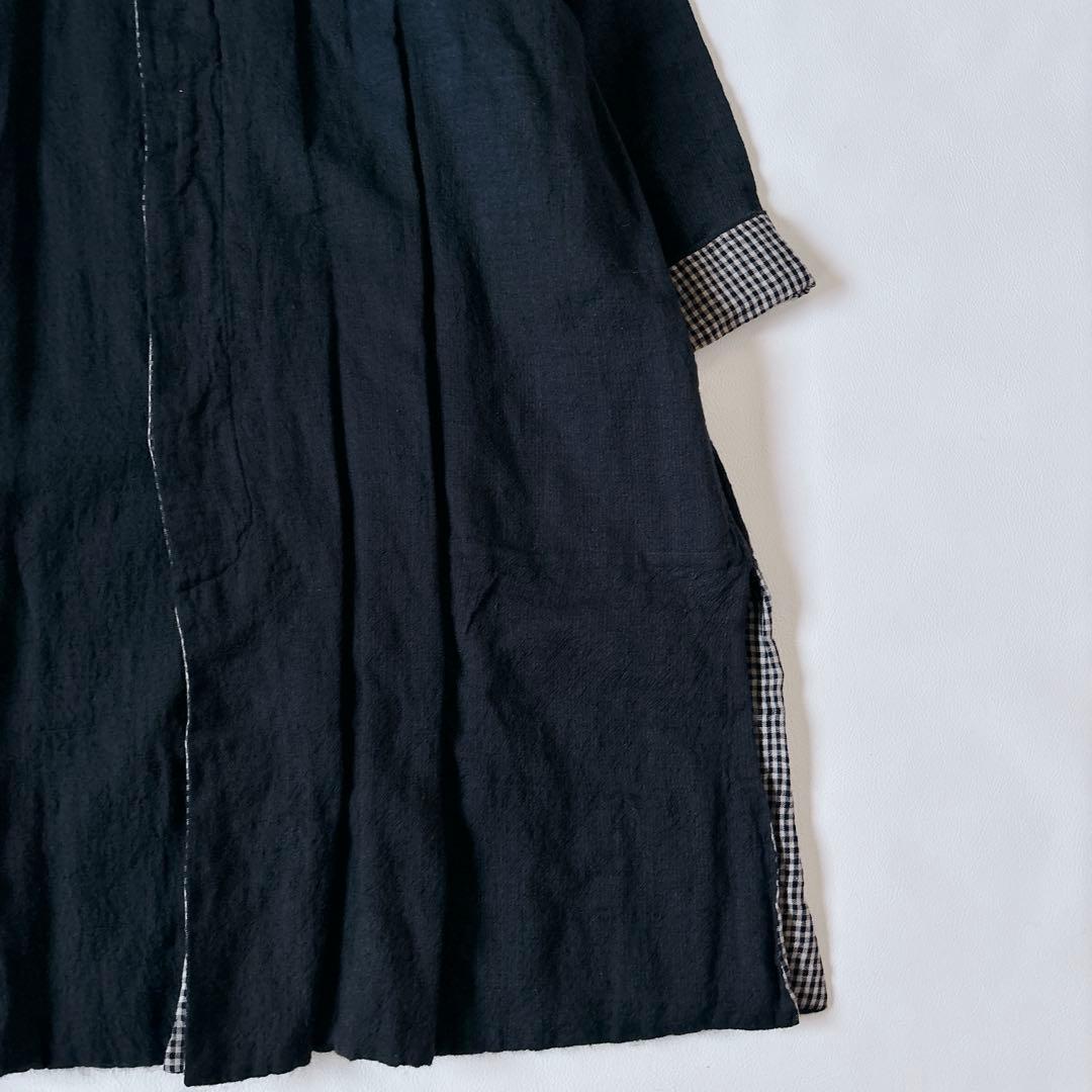 可愛い♡ババグーリ ノーカラーコート ギンガムチェック リネン混 Aライン M