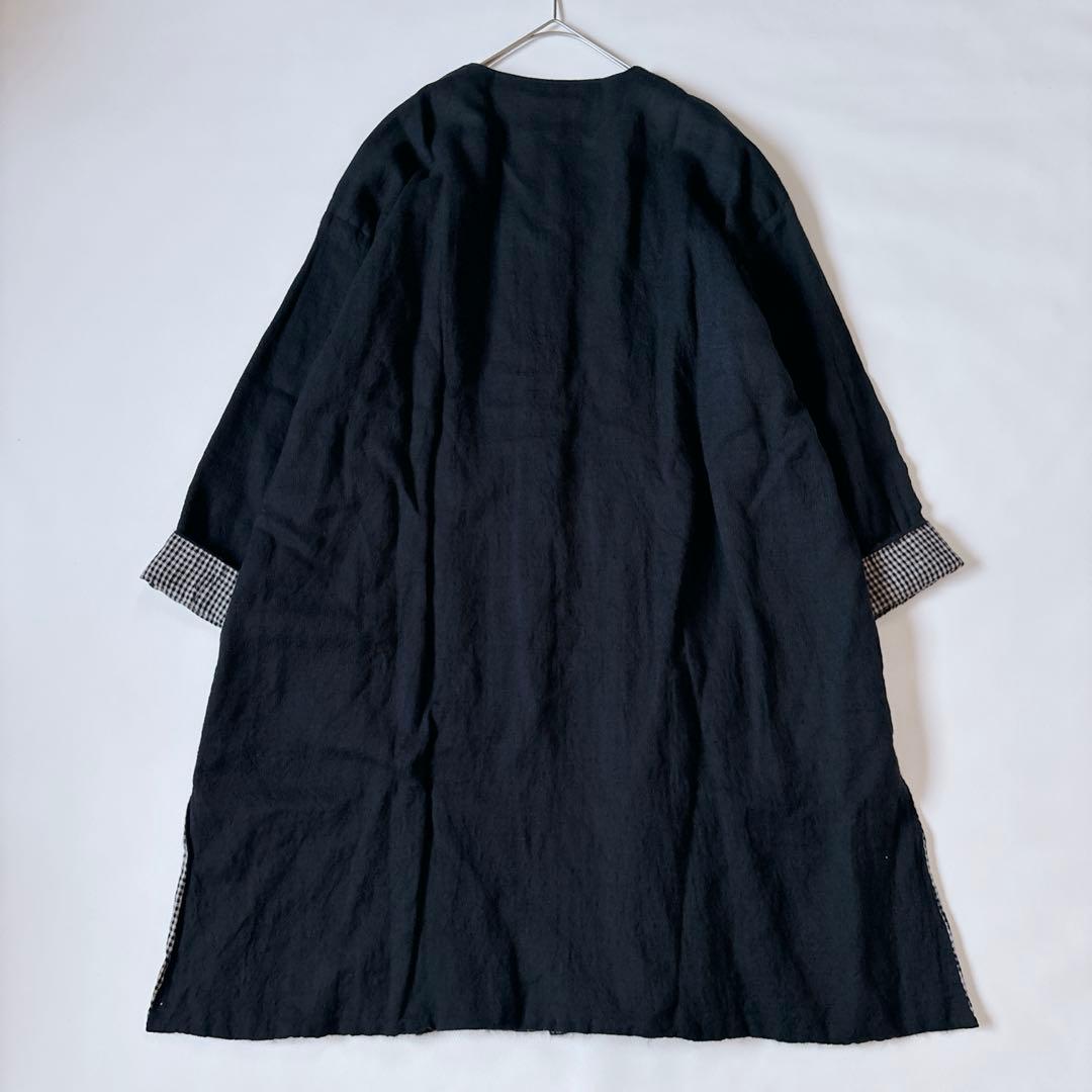 可愛い♡ババグーリ ノーカラーコート ギンガムチェック リネン混 Aライン M