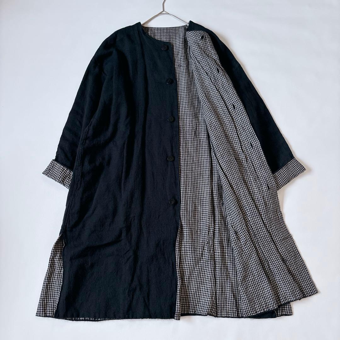 可愛い♡ババグーリ ノーカラーコート ギンガムチェック リネン混 Aライン M