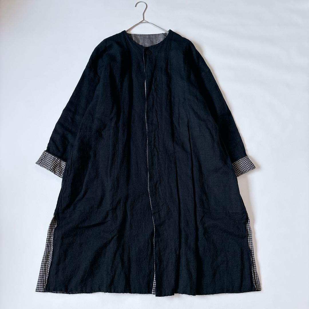 可愛い♡ババグーリ ノーカラーコート ギンガムチェック リネン混 Aライン M